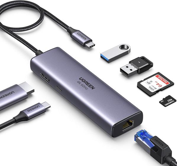 Imagem de UGREEN Adaptador Hub USB C 7x1 Thunderbolt HDMI 4K 60Hz Ethernet RJ45 Leitor cartão Type-C PD 100W