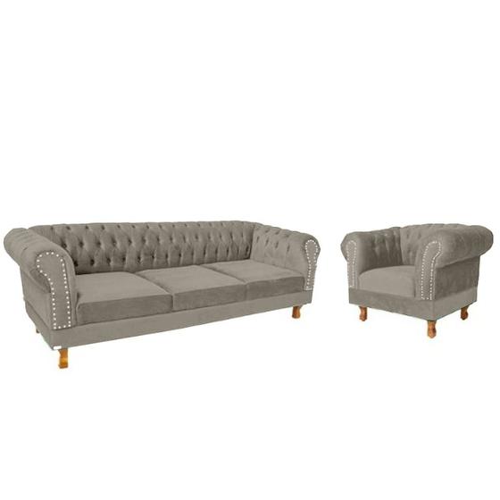 Imagem de Um Sofá 2.30 + Uma Poltrona Chesterfield Duque Suede - Cinza Camurça / Sala, Recepção, Barbearia, Decoração