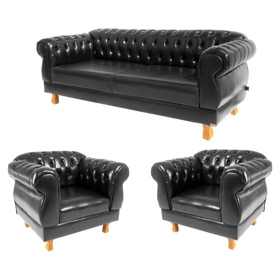 Imagem de Um Sofá 2M + Duas Poltronas Chesterfield Elisabeth Corano - Preto