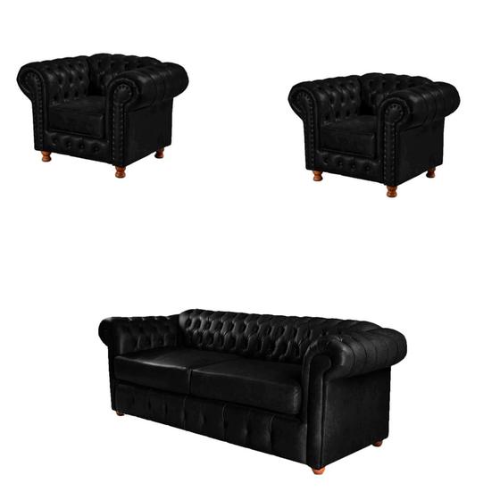 Imagem de Um Sofá Três Lugares + Duas Poltronas Chesterfield Luís Xv Corano - Preto