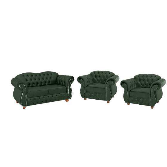 Imagem de Uma Namoradeira + Duas Poltronas Chesterfield Merlo - Suede Verde Musgo / Decoração , recepção , sala tv estar