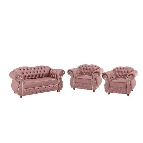 Imagem de Uma Namoradeira + Duas Poltronas Chesterfield Merlô - Veludo Rosa / decoração, recepção, sala tv estar