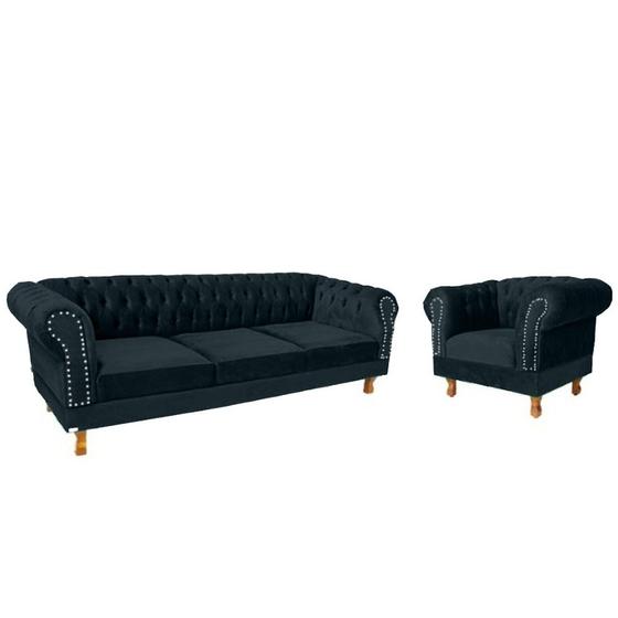 Uma Poltrona + Sofá Chesterfield Duque Suede Azul Petróleo Sala