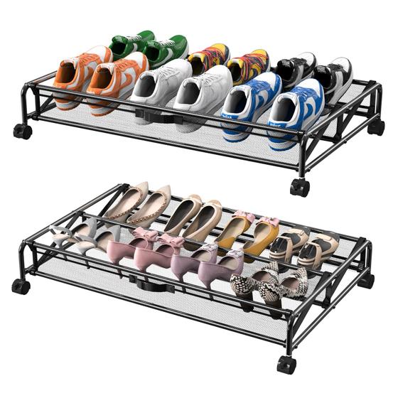 Imagem de Under Bed Shoe Storage KOSIWU, pacote com 2, organizador de metal com rodas