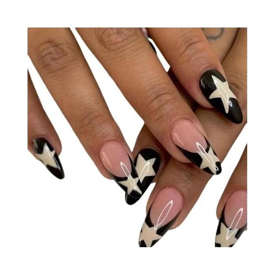 Imagem de Unhas Decoradas Francesas Longas com Estrelas Pretas - Kit com 1 Geléia, 1 Lixa e 24 Unhas