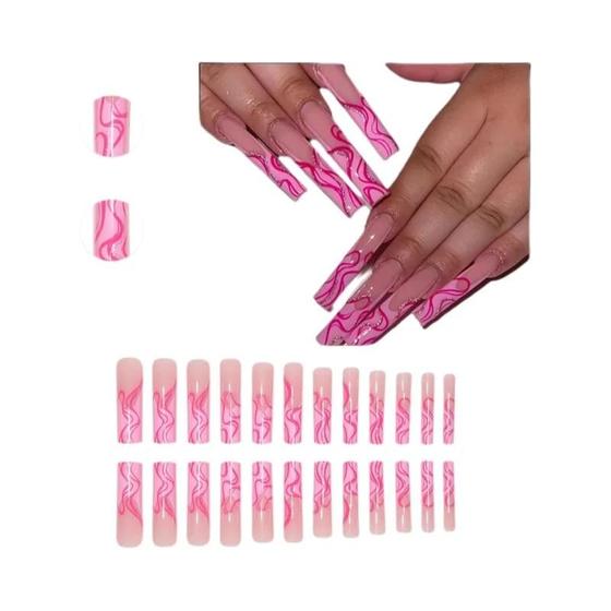 Imagem de Unhas Falsas em Formato de Caixão Rosa Brilhante - 24 Peças com Design Francês Irregular