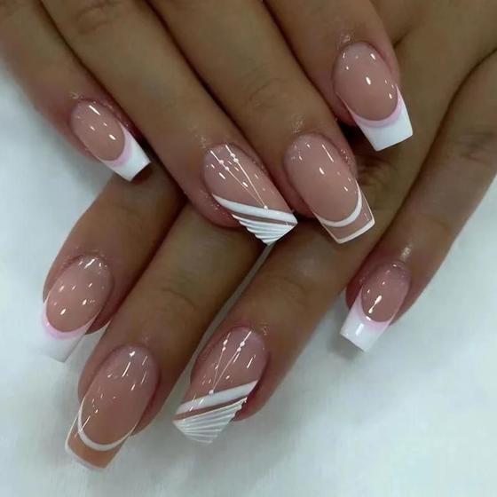 Imagem de Unhas Francesas Minimalistas - Kit com 24 Unhas Postiças, Geléia e Lixa