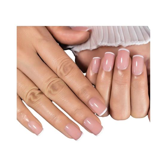 Imagem de Unhas Postiças Estilo Francês - Ponta Brilhante Natural Nude - Kit de Manicure