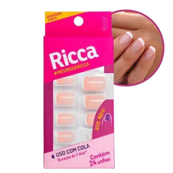 Imagem de Unhas Postiças Francesinha Rosa Claro Uso com Cola Quadrada Curta 24 Unhas Ricca