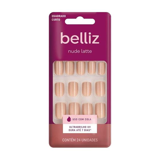 Imagem de Unhas Postiças Nude Latte Belliz Quadrado Curto Ultra Brilho 24 Unidades