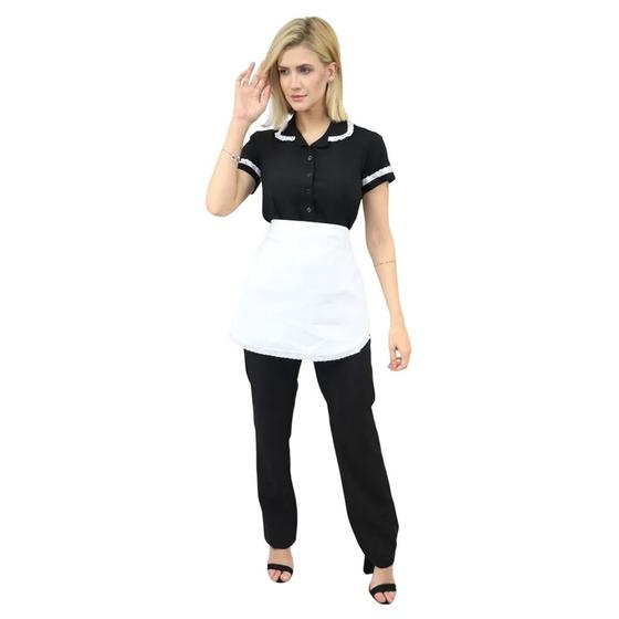 Imagem de Uniforme Empregada Doméstica Camisete + Calça + Avental de Camareira - Uniforme Babá