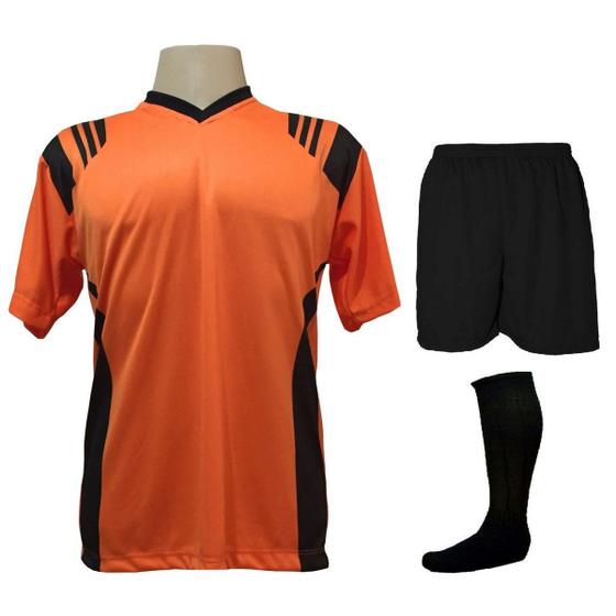 Imagem de Uniforme Esportivo com 18 camisas modelo Roma Laranja/Preto + 18 calções modelo Madrid Preto + 18 pares de meiões Preto 