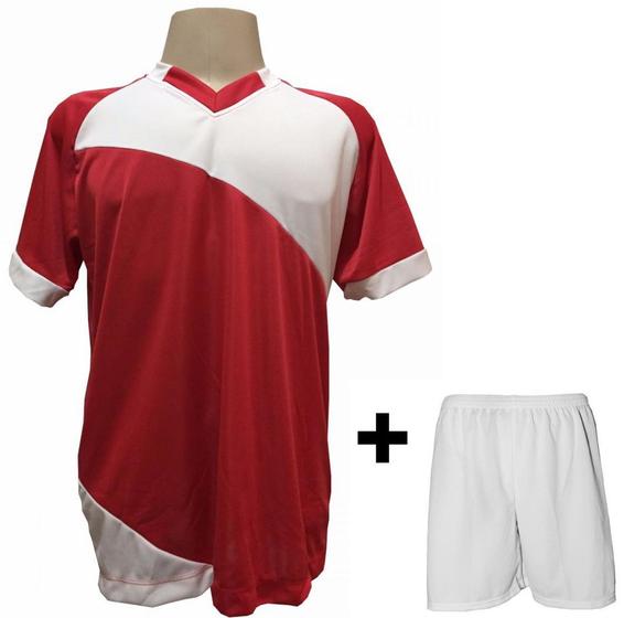 Imagem de Uniforme Esportivo com 20 Camisas modelo Bélgica Vermelho/Branco + 20 Calções modelo Madrid Branco 