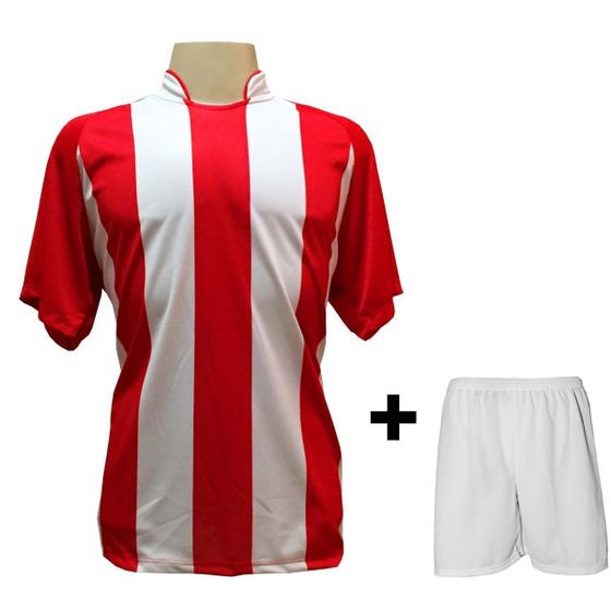 Imagem de Uniforme Esportivo com 20 Camisas modelo Milan Vermelho/Branco + 20 Calções modelo Madrid Branco 