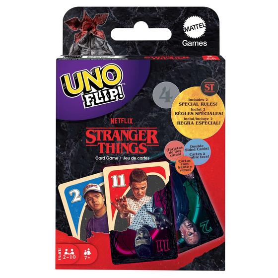 Imagem de UNO FLIP! Jogo de cartas stranger things com deck de dupla lateral, presente colecionável para criança, noites de jogos familiares e adultos, 2 a 10 jogadores de 7 anos de idade e up