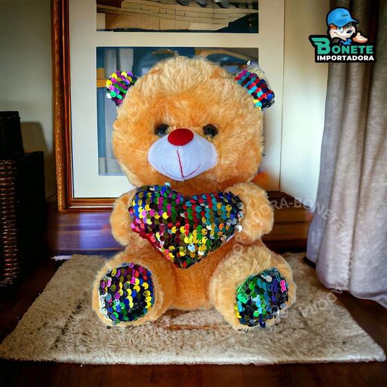 Imagem de Urso de pelúcia com coração lantejoulas 21cm para cestas presentes/brinquedo