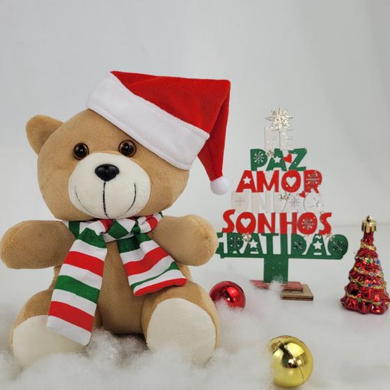 Imagem de Urso noel de pelúcia com gorro de natal 17cm enfeite decoração natalina