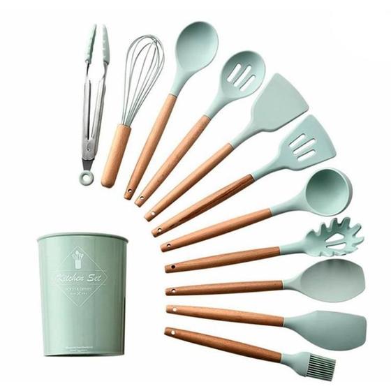 Imagem de Utensílios Cozinha Silicone Madeira 12 Peças Até 230º Verde