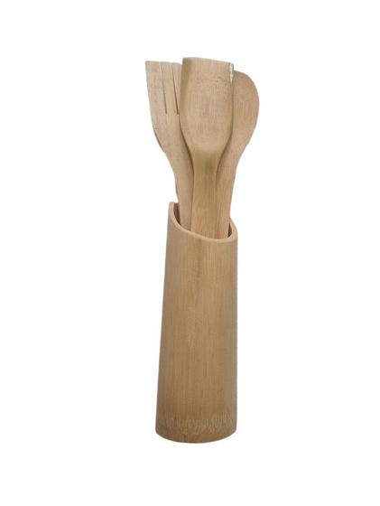 Imagem de Utensílios de Bambu 5 Peças Espátulas Garfo Colher  Suporte Cozinha