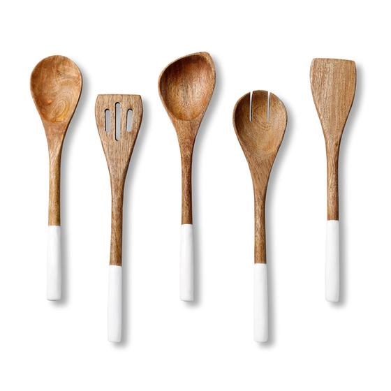 Imagem de Utensílios de cozinha de madeira Definido para cozinha, ferramentas de panela antiaderente inclui colher de madeira para cozinhar, espátula, garfo, Turner Ranhuted, Colher de Canto, Conjunto de 5-12 Polegadas De Comprimento, Madeira Acácia, Branco