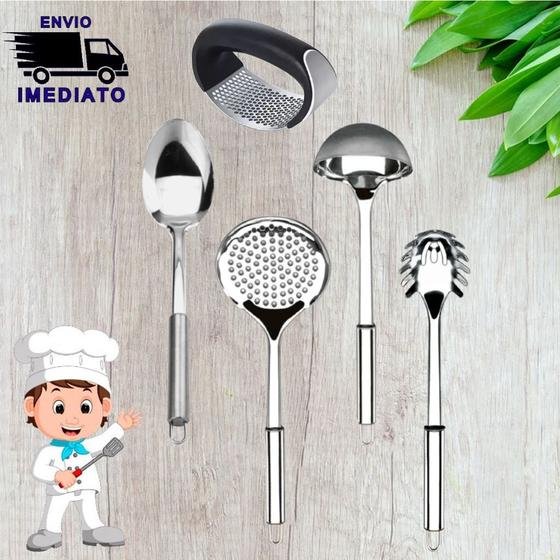 Imagem de Utensílios para Cozinha 5 Peças Aço Inox Multiuso Jogo Colher Escumadeira Concha Pegador Esmagador