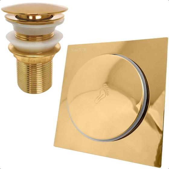 Imagem de Valvula Click Dourada 1 1/4 E Ralo Click 15x15 Aço Inox Kit Escoamento Banheiro Gold Ralo Inteligente 15cm E Valvula Ralo Pia Banheiro Lavatorio 40mm