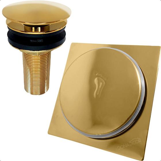 Imagem de Valvula Click Dourada 7/8 E Ralo Click 10x10 Aço Inox Kit Escoamento Banheiro Gold Ralo Inteligente 10cm E Valvula Ralo Pia Banheiro Lavatorio 30mm