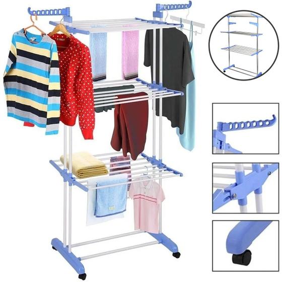 Varal 3 Andares Roupa Aço 4 Rodas Dobrável Grande Útil Sol Menor preço em Varal 3 Andares Roupa Aço 4 Rodas Dobrável Grande Útil Sol