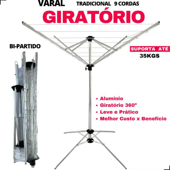 Imagem de Varal 9 Cordas Giratório 100% Alumínio Parabolico - Bipartido