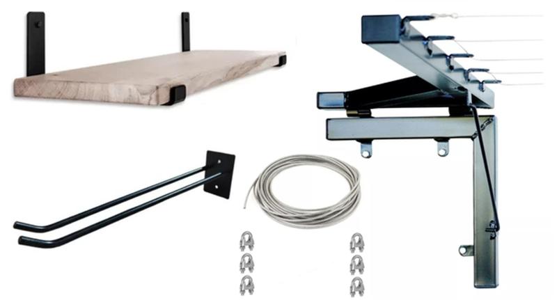 Imagem de Varal Confiável para 60 kg cabo de aço revestido PVC: Inclui Prateleira 50x20 e Suporte de Rodos