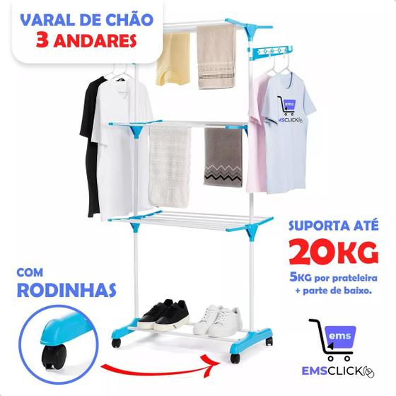Varal De Chão 3 Andares Dobrável Retrátil Aço 4 Rodas Cor Azul Menor preço em Varal De Chão 3 Andares Dobrável Retrátil Aço 4 Rodas Cor Azul