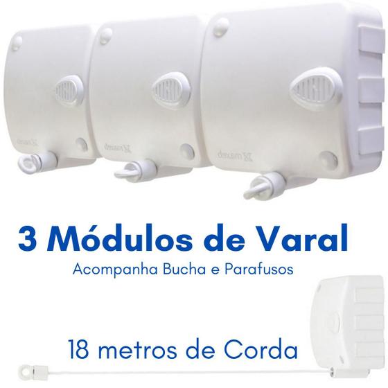 Imagem de Varal de Parede Retrátil Mágico Automático Modular 3 Peças Com 6 Metros Cada