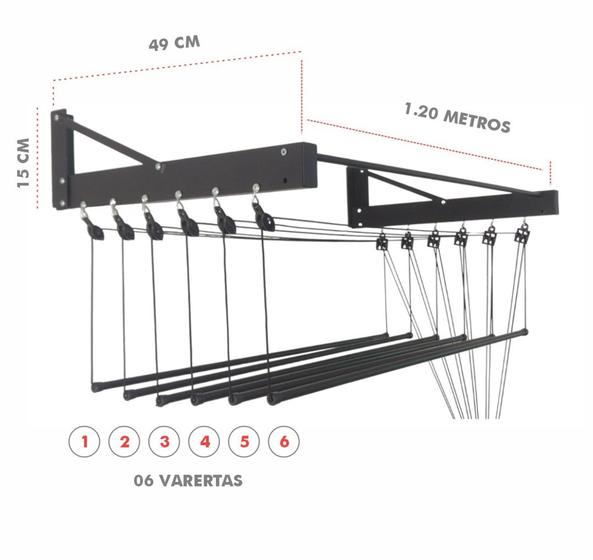 Imagem de Varal individual de parede com 6 varetas preto em alumínio