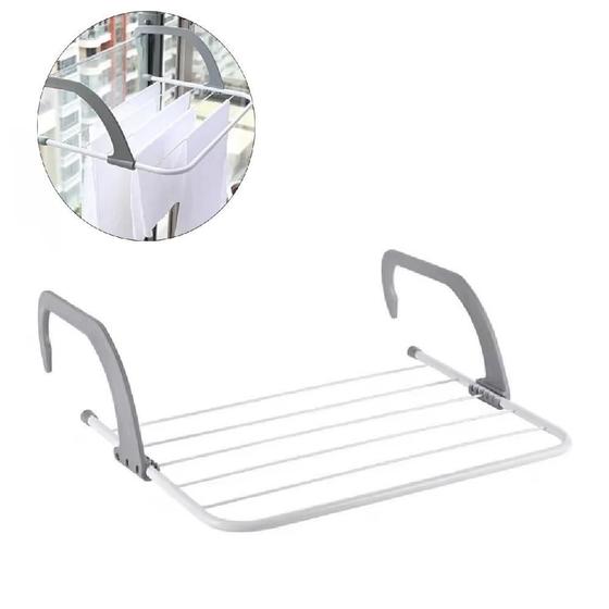 Imagem de Varal portatil de porta janela sacada apartamento suporte seca roupa dobravel 5 varetas pratico metalico branco