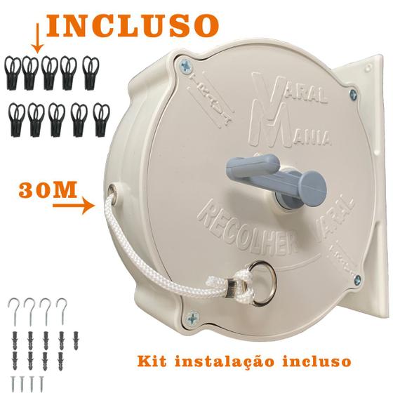 Varal Roupas Retrátil Recolhível 30 Metros Parede Branco Menor preço em Varal Roupas Retrátil Recolhível 30 Metros Parede Branco