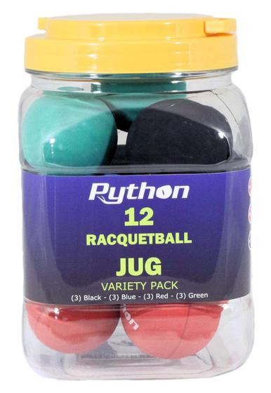 Imagem de Variedade de Bolas de Raquetebol Python (Jug) (12 bolas)(Preto, Azul, Vermelho, Verde)