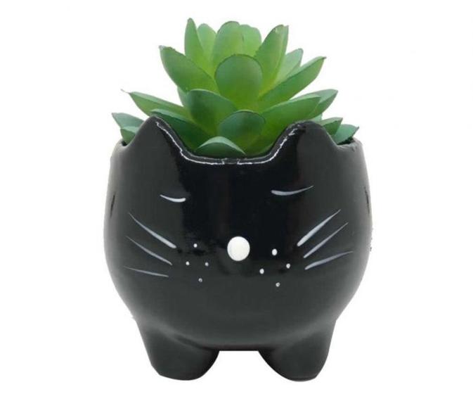 Imagem de Vasinho De Ceramica Gato Bigode Preto Para Suculenta E Flor