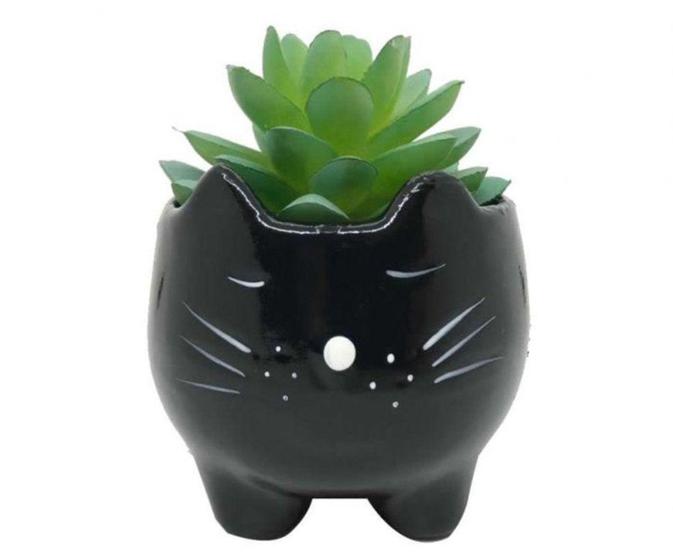 Imagem de Vasinho De Ceramica Gato Bigode Preto Para Suculenta E Flor - Decore Casa