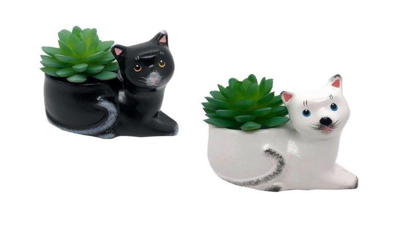 Imagem de Vasinho Para Suculenta 2 Peças De Ceramica Gato Deitado - Decore Casa