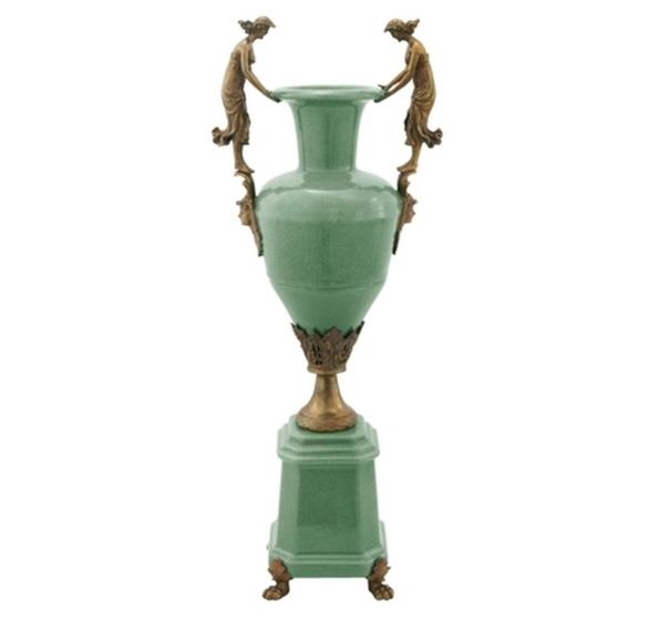 Imagem de Vaso Ânfora Porcelana Verde Classico Bronze Esculturas Luxo