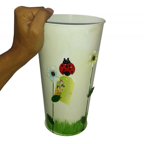 Imagem de Vaso Balde Enfeite de Ferro Jardim Quintal Varanda Joaninha Flor Branco (SYBO-G8)