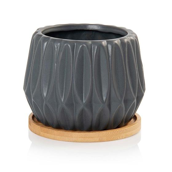 Imagem de Vaso Cachepot Geometric com Prato de Bambu Cinza Fosco Pozzani