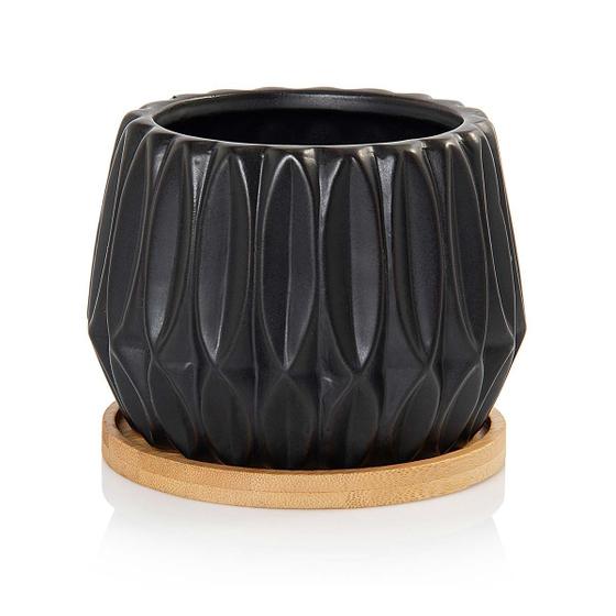 Imagem de Vaso Cachepot Geometric com Prato de Bambu Preto Fosco Pozzani