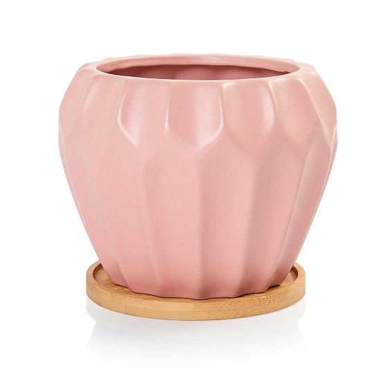 Imagem de Vaso Cachepot Geometric com Prato de Bambu Rosa Fosco Pozzani