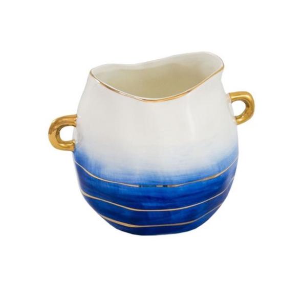 Imagem de Vaso Ceramica Degradê Branco e Azul Alças Dourado Luxo