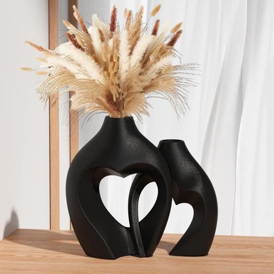 Imagem de Vaso Cerâmica Preta em Formato de Coração - Conjunto com 2 Peças para Decoração