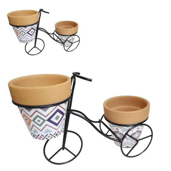 Imagem de Vaso  de ceramica redondo 2 pçs +suporte triciclo 25x17x10cm