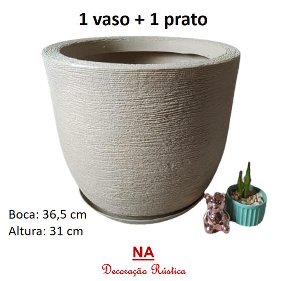 Imagem de Vaso de planta polietileno plástico redondo grande escovado com prato bege