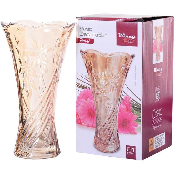 Imagem de Vaso de vidro relevo floral ambar 24x13cm de ø na caixa - Wincy