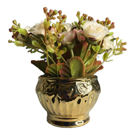 Imagem de Vaso decorativo arranjo em cerâmica dourado com rosinhas 12x10cm